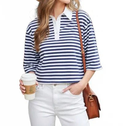 Vine & Love Women's Collared Half Sleeve Strip Polo Knit Top In Navy In Blue