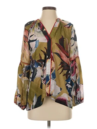 Pre-owned Vineet Bahl 3/4 Sleeve Silk Top Brown Floral Pattern Plunge Neckline Tops