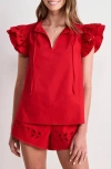 Vineyard Vines Adare Embroidered Eyelet Flutter Sleeve Cotton Top In Red