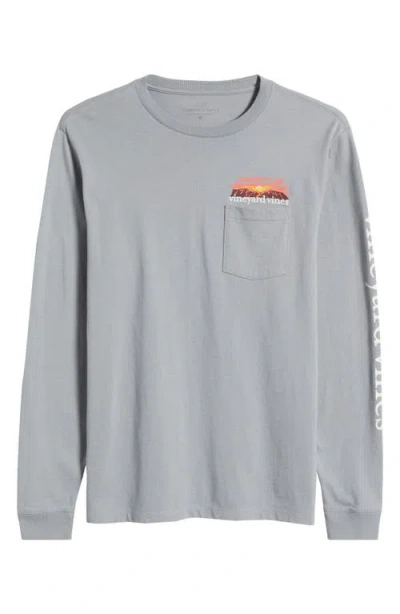 Vineyard Vines Adirondack Sunset Long Sleeve Cotton Graphic Pocket T-shirt In Ultimate Grey