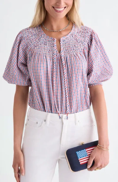 Vineyard Vines Devin Check Puff Sleeve Top In Mariner