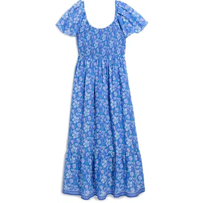 Vineyard Vines Floral Smocked Flutter Sleeve Maxi Dress In Blue