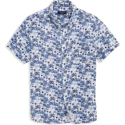 Vineyard Vines Gasparilla Scenic Print Short Sleeve Linen Blend Button-down Shirt In Blue