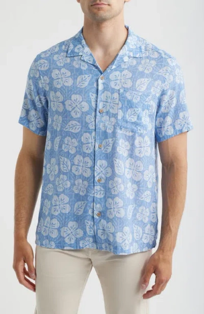 Vineyard Vines Hawaiian Floral Linen Blend Camp Shirt In Blue