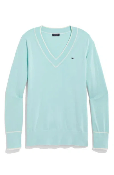 Vineyard Vines Heritage Tipped V-neck Jumper In Aqua Haze