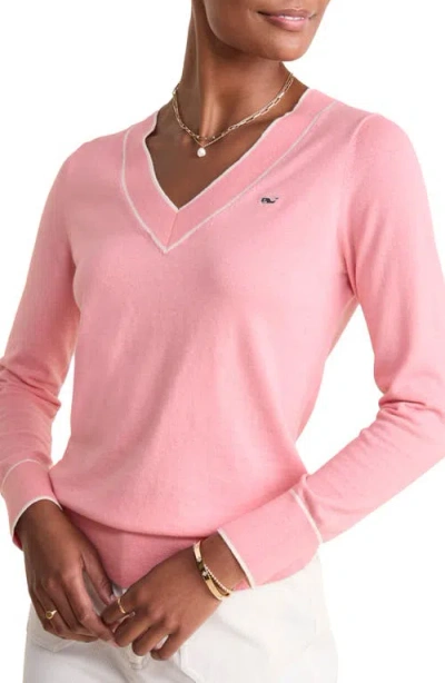 Vineyard Vines Heritage Tipped V-neck Jumper In Pink Dogwood
