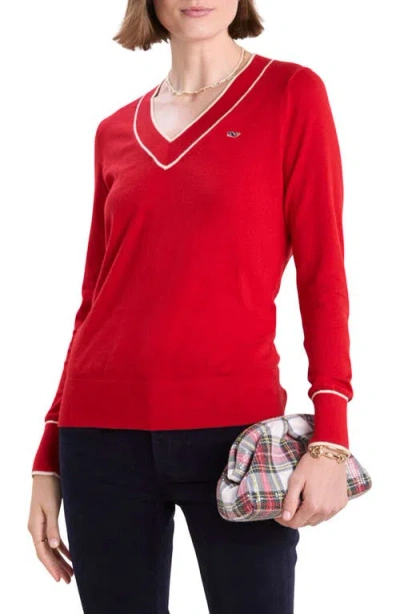 Vineyard Vines Heritage Tipped V-neck Sweater In Red Velvet