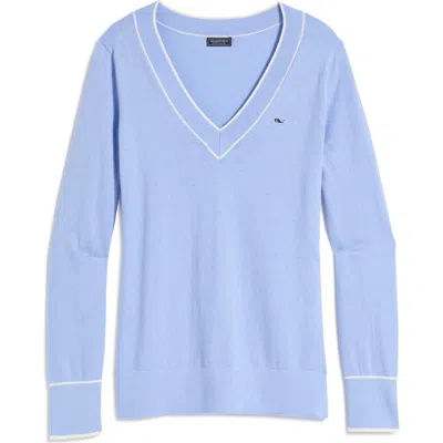 Vineyard Vines Heritage Tipped V-neck Sweater In Serenity Blue