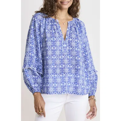 Vineyard Vines Izzy Tile Print Cotton Blend Popover Top In Blue