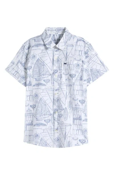 Vineyard Vines Kids' Blueprint Short Sleeve Cotton Madras Button-up Shirt In Marina White Cap