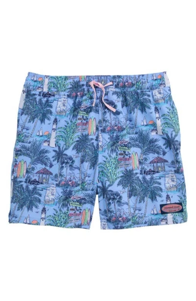 Vineyard Vines Kids' Chappy Beach Print Swim Trunks In Blue