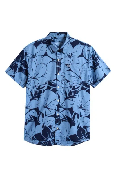 Vineyard Vines Kids' Floral Short Sleeve Cotton Button-up Shirt In Nautical Navy