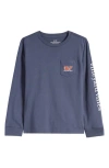 Vineyard Vines Kids' Football Whale Long Sleeve Pocket Graphic Tee In Blue