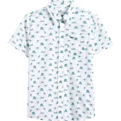 Vineyard Vines Kids' Island Print Short Sleeve Cotton Button-up Shirt In White Cap