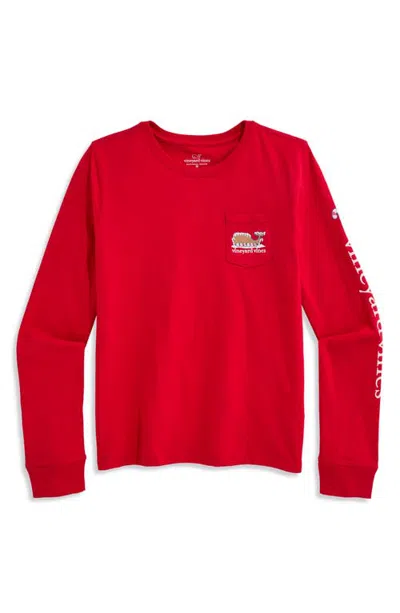 Vineyard Vines Kids' Long Sleeve Cotton Graphic Pocket T-shirt In Red Velvet