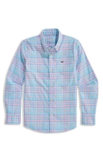 Vineyard Vines Kids' Parrotfish Plaid Featherweight Performance Button Down Shirt In Blue