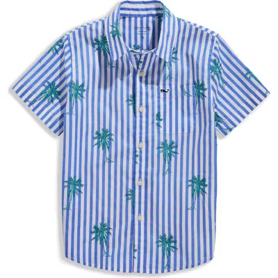Vineyard Vines Kids' Print Cotton Short Sleeve Button-up Shirt In Blue