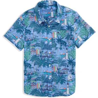 Vineyard Vines Kids' Print Cotton Short Sleeve Button-up Shirt In Blue