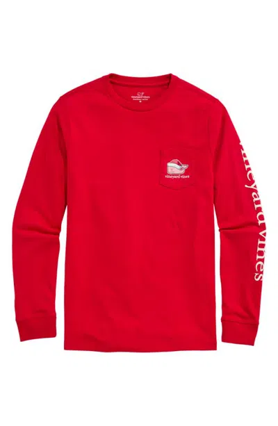 Vineyard Vines Kids' Santa Whale Long Sleeve Cotton Graphic Pocket T-shirt In Red Velvet