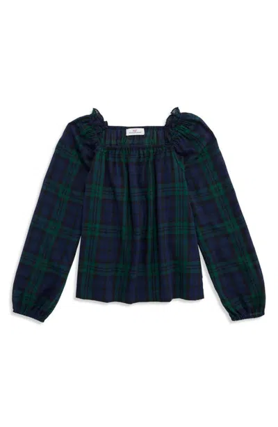Vineyard Vines Kids' Serena Plaid Square Neck Top In Jet Black Blackwatch