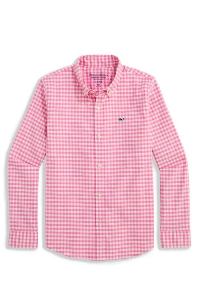Vineyard Vines Kids' Skysail Gingham Performance Cotton Button Down Shirt In Pink