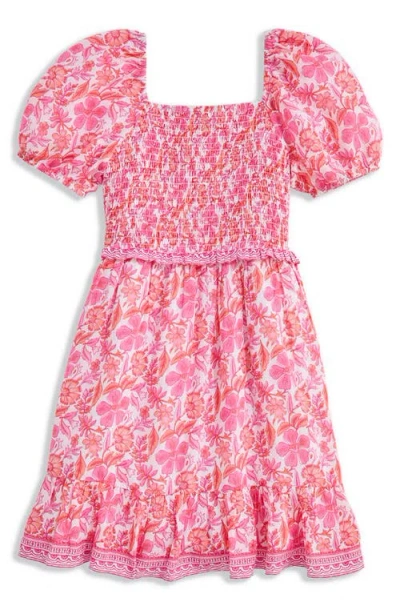 Vineyard Vines Kids' Smocked Bodice Puff Sleeve Cotton Blend Sundress In Pink