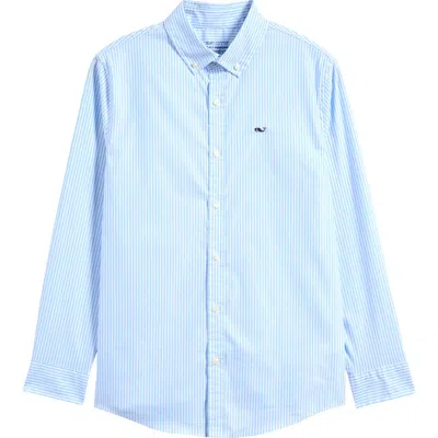 Vineyard Vines Kids' Stripe Cotton Blend Performance Button-down Shirt In Ocean Breeze