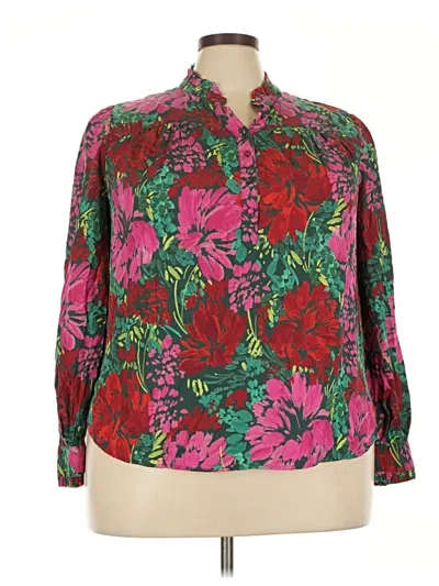 Pre-owned Vineyard Vines Long Sleeve Silk Top Green Floral Pattern Mock Neckline Tops