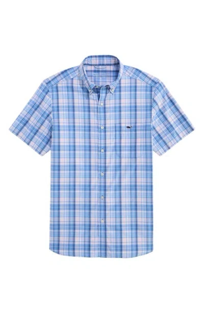 Vineyard Vines Plaid Short Sleeve Upf 30+ Button-down Shirt In Blue