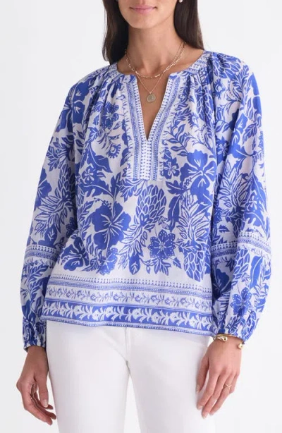 Vineyard Vines Print Split Neck Popover Top In Blue
