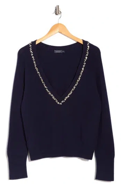 Vineyard Vines Rhinestone Embellished Wool Blend V-neck Sweater In Blue