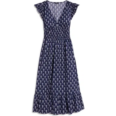 Vineyard Vines Ruffle Hem Cotton Stretch Poplin Dress In Lobster Stack - Navy