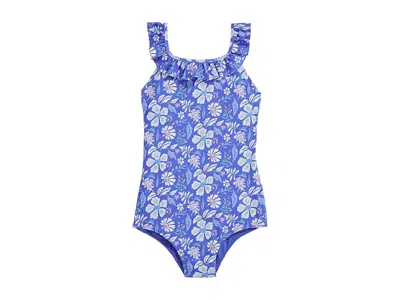 Vineyard Vines Scoop Ruffle One Piece (toddler/little Kids/big Kids) Girl's Swimsuits One Piece Hibiscus Breakerblu In Blue