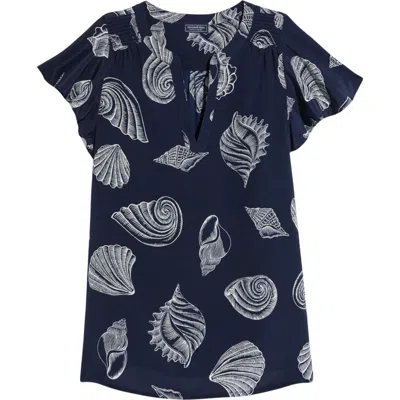 Vineyard Vines Shell Print Flutter Sleeve Silk Top In Tossed Shell - Navy