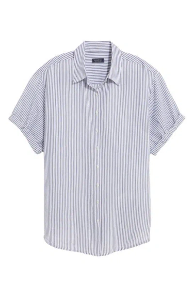 Vineyard Vines Short Sleeve Cotton Blend Button-up Shirt In Stripe - White/ Navy