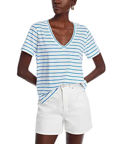 Vineyard Vines Striped V Neck Cotton Tee In Marsh/blue