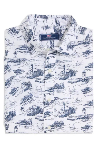 Vineyard Vines Toile Print Linen Short Sleeve Button-up Shirt In Ocean View Toile White