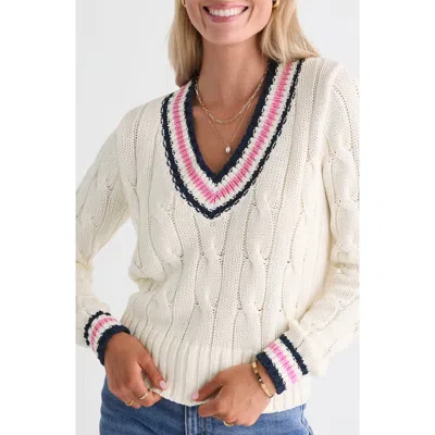 Vineyard Vines Varsity Cable Knit Sweater In White