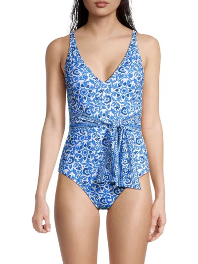 Vineyard Vines Women's Floral Belted One Piece Swimsuit In Black