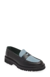 Vinny's Richee Two-tone Lugged Penny Loafer In Black/ Light Blue