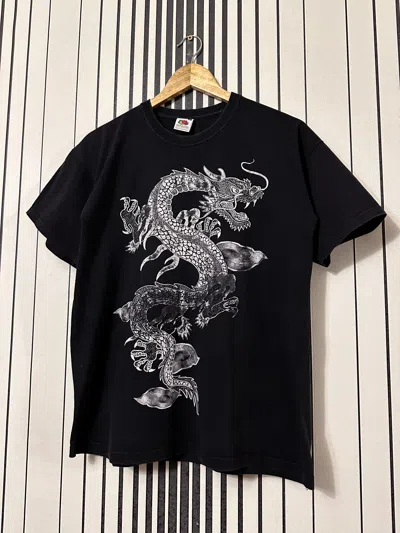 Pre-owned Vintage 00's Japan Style Double Print Dragon-yin Yang T Shirt In Black/white