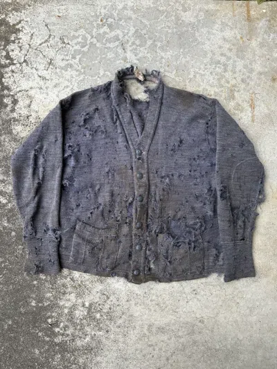 Pre-owned Vintage 1920s Trashed Dirty Zombified Wool Knitted Distress Cardigan In Gray