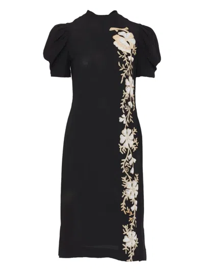 Pre-owned Vintage 1940s  Beaded Floral-embroidered Midi Dress