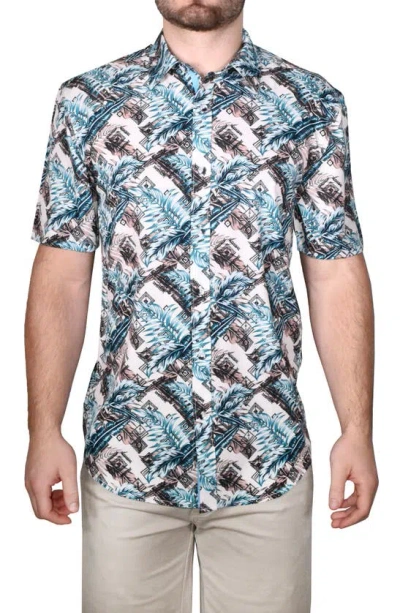 Vintage 1946 Tropical Print Short Sleeve Shirt In Turq Blue