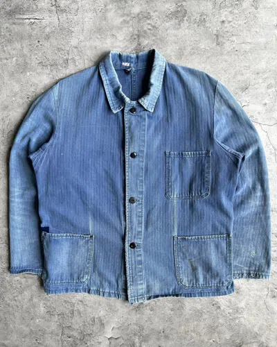 Pre-owned Vintage 1950s Sun Faded Hbt French Work Repaired Chore Jacket (l) In Blue