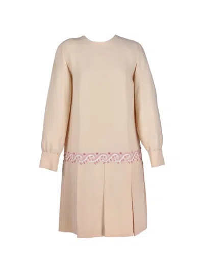 Pre-owned Vintage 1960-1970s Embroidered-detail Pleated Wool Midi Dress In Neutral