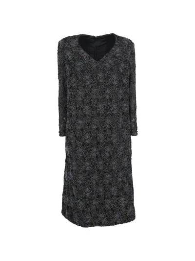 Pre-owned Vintage 1980s-1990s Beaded Floral-pattern Dress In Black