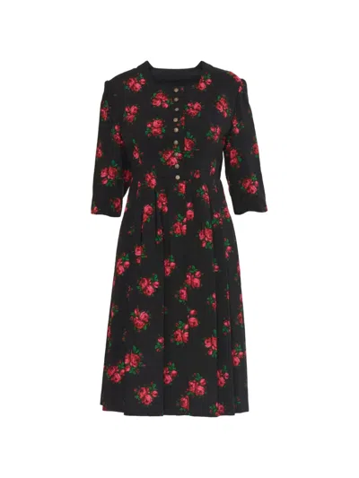Pre-owned Vintage 2019 Floral-print Midi Dress In Black