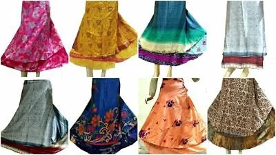 Pre-owned Vintage 50 Pc Wholesale Lot  Silk Sari Magic Wrap Around Frill Skirt Indian Dress In Multicolor