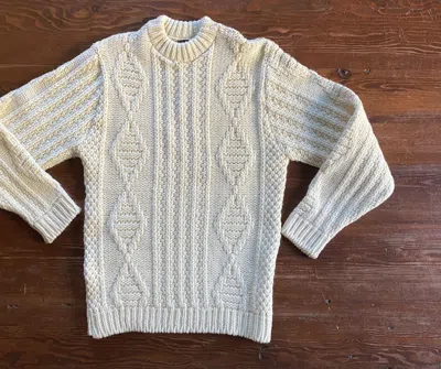 Pre-owned Vintage 50's/60's Kandahar Wool Cable Knit Fisherman Sweater In White